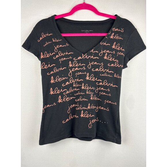 Calvin Klein Jeans Womens Black V-Neck Top With Script Logo Print Medium - Picture 2 of 5